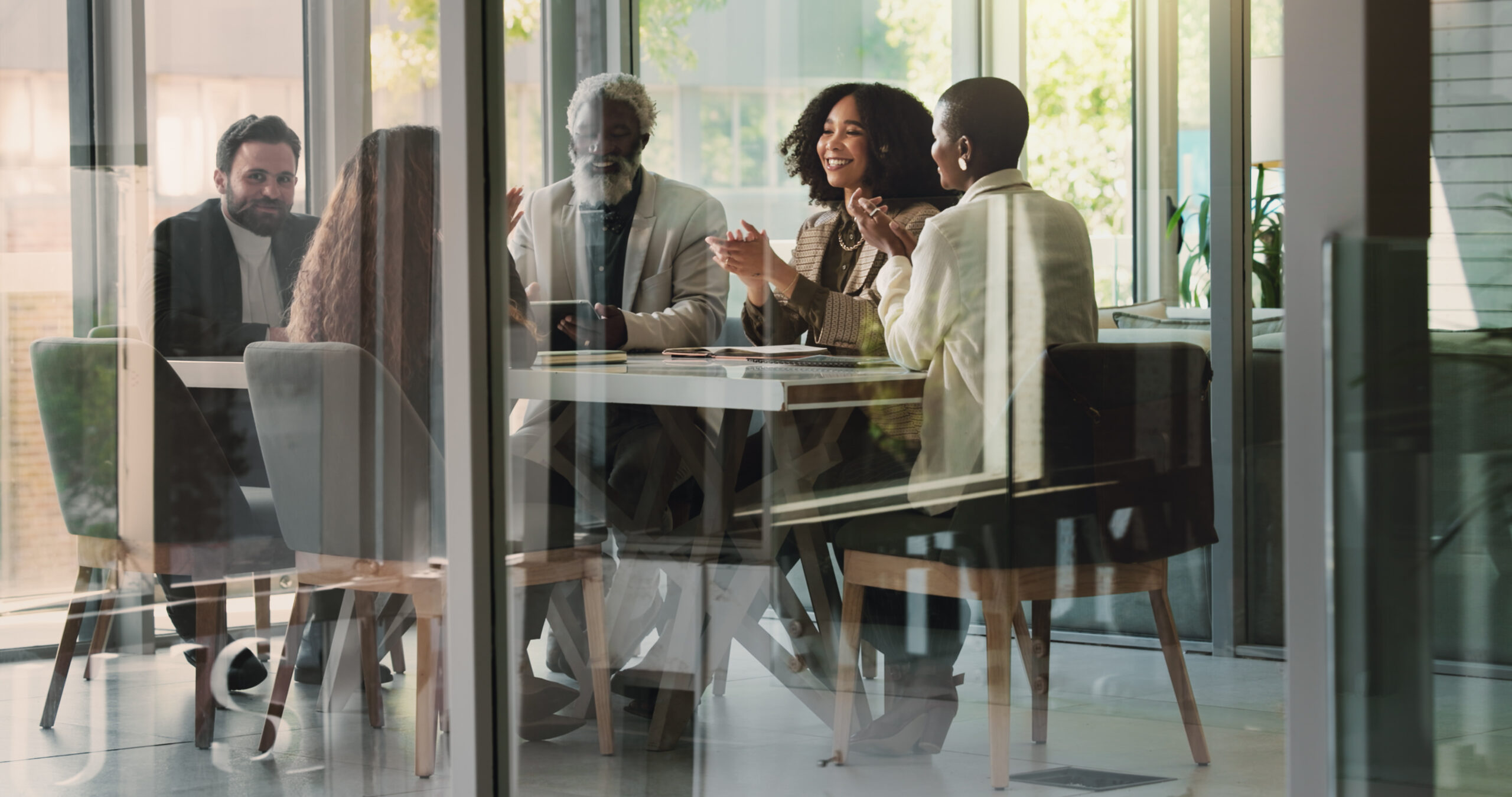 Corporate team, clapping and excited in boardroom for new ESOP